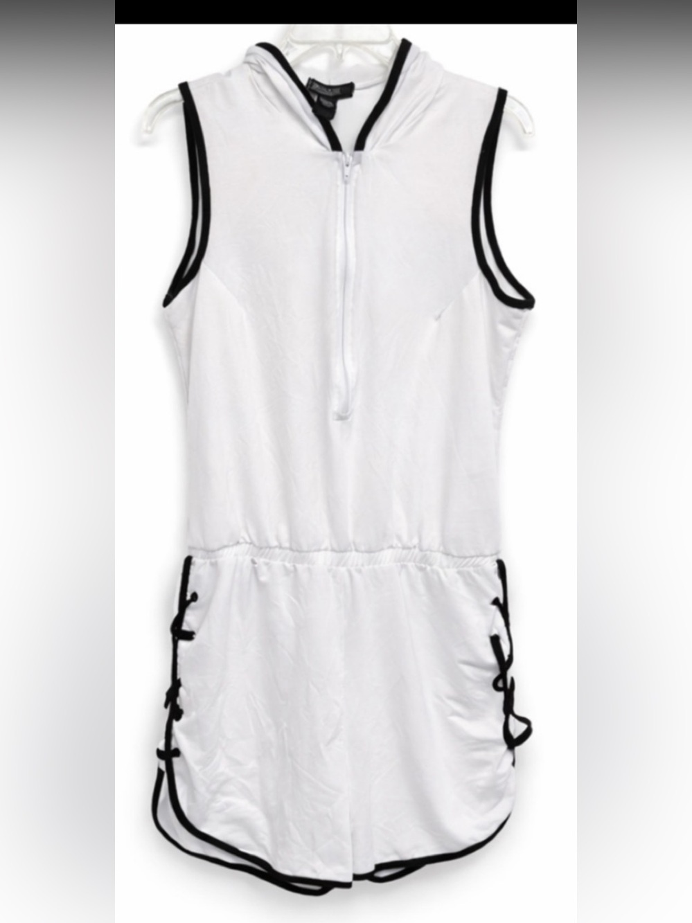 Rouge Collection Hooded Romper Cover Up White Black Trim Lace Up 1X Plus